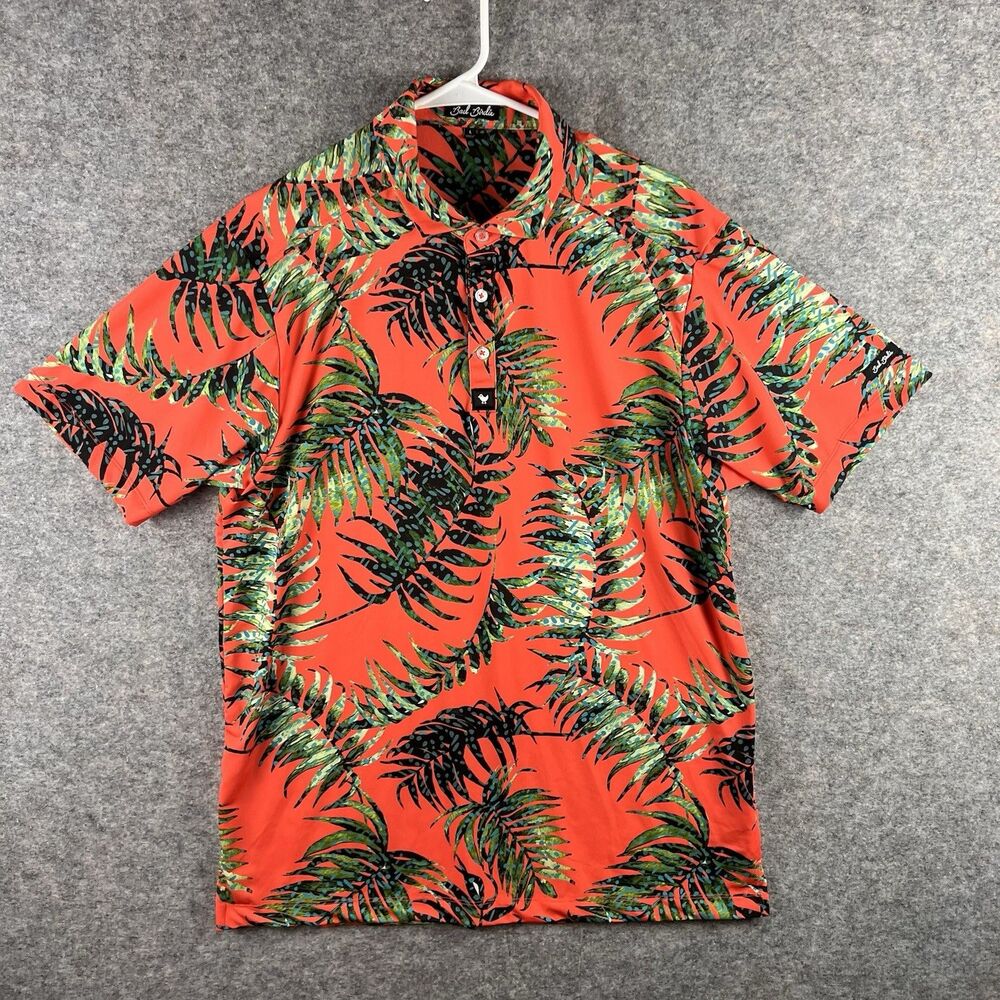 Bad Birdie Tulum Performance Polo Size L Green And Orange Leaf Pattern